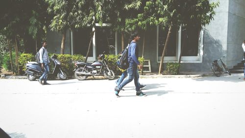 Man walking with umbrella on tree in city