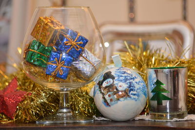 Close-up of christmas decoration on table