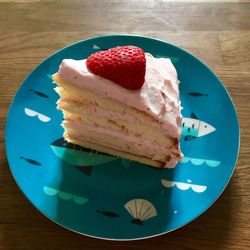 High angle view of cake in plate on table