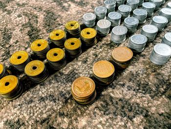 High angle view of coins on metal