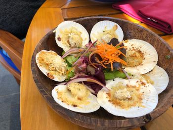 High angle view of food served on table