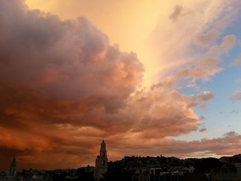 Cityscape against cloudy sky at sunset