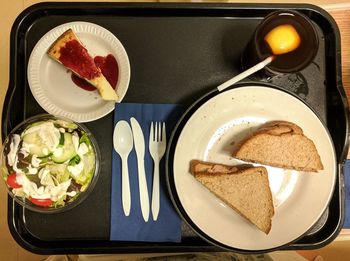 High angle view of breakfast served on table