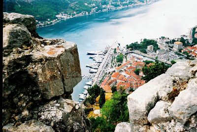 High angle view of river passing through city