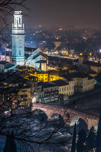 Illuminated cityscape against sky during winter