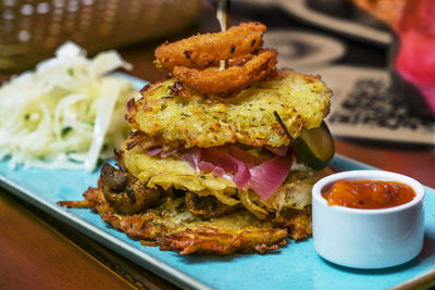 Close-up of food in plate on table