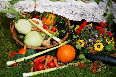 Pumpkins on flowers