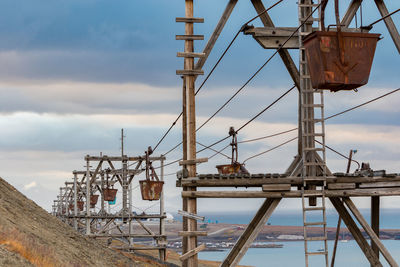 Old and historic cableway for transporting coal from coal mines to harbour in longyearbyen, svalbard