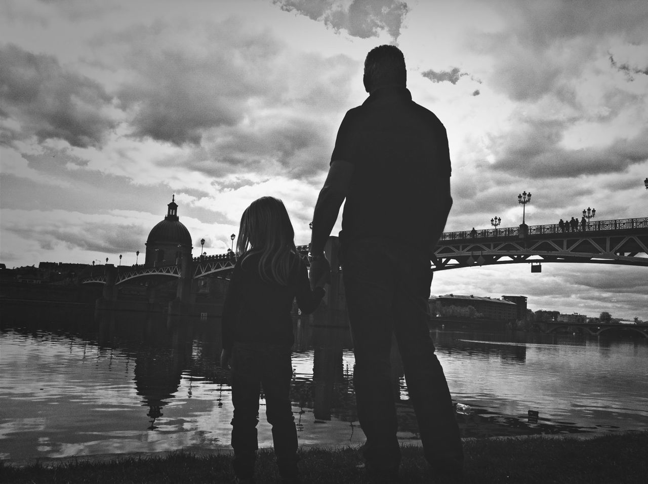 water, sky, men, cloud - sky, lifestyles, sea, built structure, nautical vessel, leisure activity, transportation, rear view, person, architecture, standing, travel, cloudy, cloud, river, building exterior