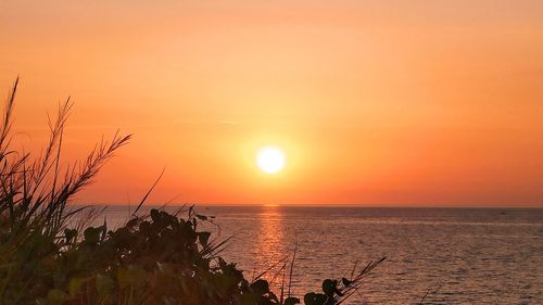 Scenic view of sea against orange sky