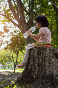 Side view of girl drinking water while sitting on tree stump