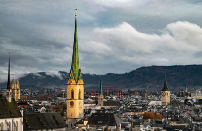 Aerial view of buildings in city against cloudy sky