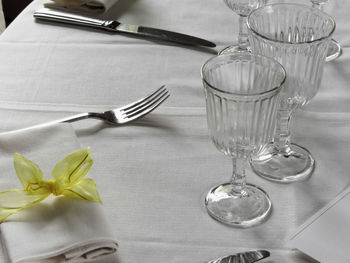 Close-up of empty glasses and fork on table