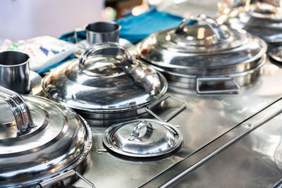 High angle view of drinking glasses on table