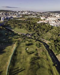 High angle view of cityscape against sky