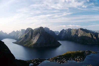 Scenic view of lofoten with mountains against sky