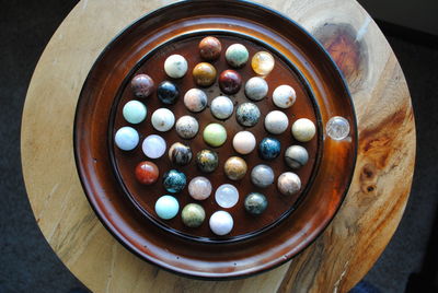 High angle view of eggs in container on table