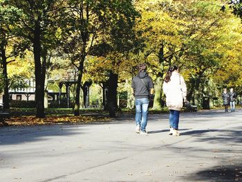 Full length rear view of man walking on trees