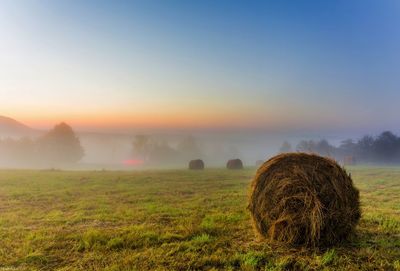 Hay bales on field against sky