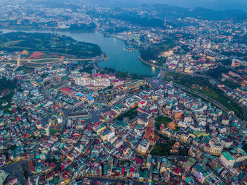 Aerial view of crowded buildings in city