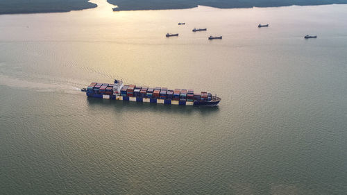 High angle view of ship sailing in sea