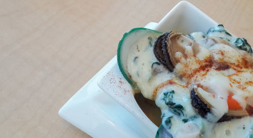 High angle view of dessert in plate on table