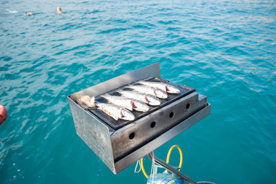Bbq grilled sea fish fried on a boat while sailing, wonderful summer holiday in turkey, tourist high