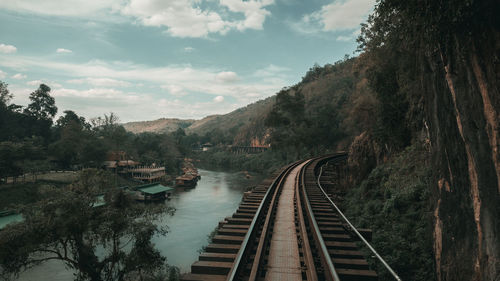 High angle view of railroad tracks by trees against sky