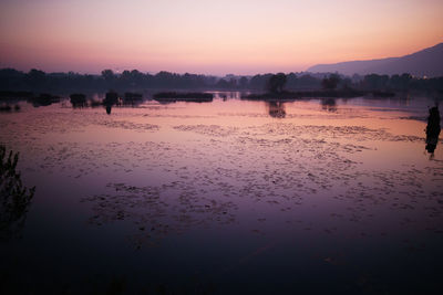 Scenic view of beach against clear sky during sunset
