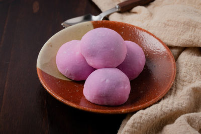 High angle view of eggs in bowl on table