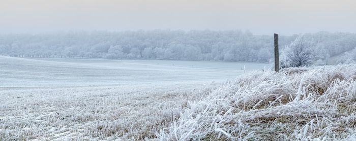 Scenic view of field against sky during winter