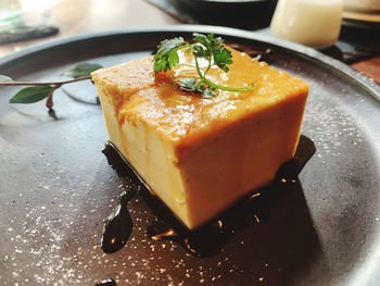 Close-up of dessert served on table