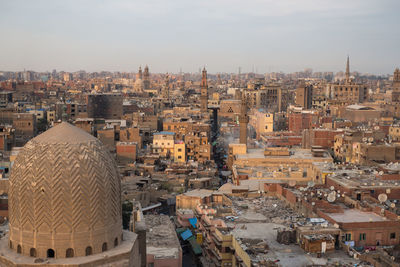 From above amazing landscape of ancient great breathtaking city with old minarets and holy buildings, bab zuwayala, old cairo, egypt