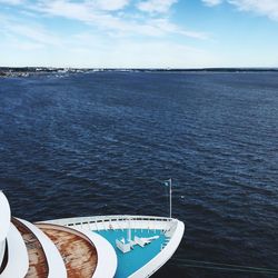 High angle view of sailboat sailing in sea against sky