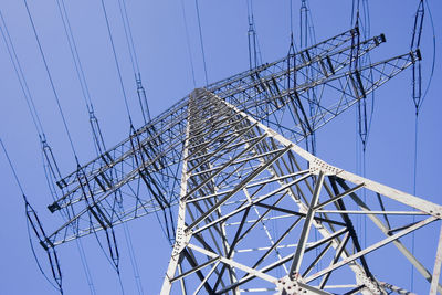 Low angle view of electricity pylon against sky