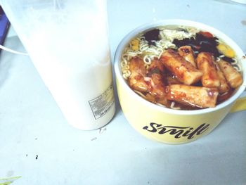 High angle view of soup in bowl on table