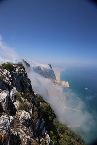 Scenic view of sea and mountains against sky