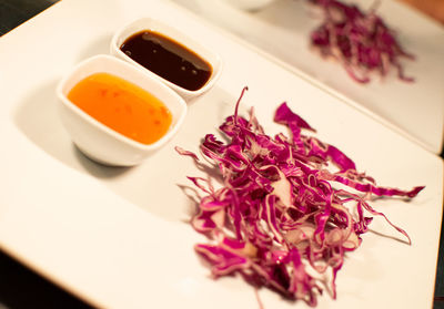 High angle view of salad in plate on table