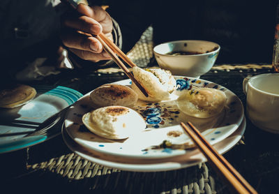 High angle view of breakfast served on table