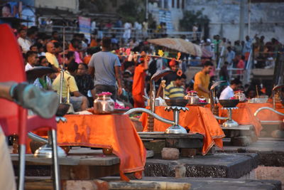 Group of people working at construction site in city