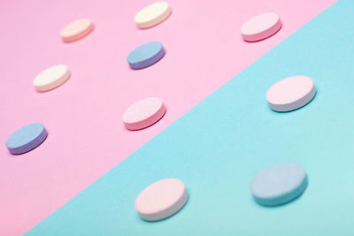 High angle view of pills on table