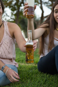 Cropped image of friends holding beer bottles