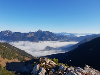 Scenic view of snowcapped mountains against clear blue sky