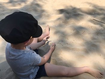 High angle view of boy on beach