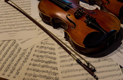 High angle view of violin on sheet music