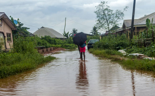 Rear view of man on wet road amidst buildings