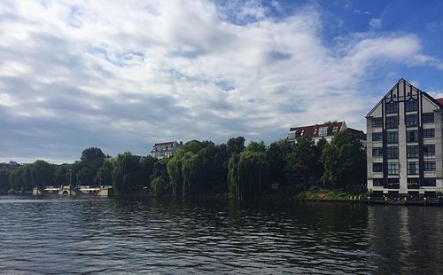 Calm river with buildings in background