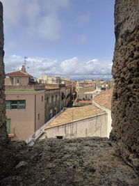 High angle view of old town against sky