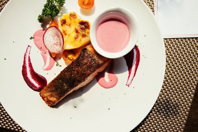 High angle view of breakfast served on table