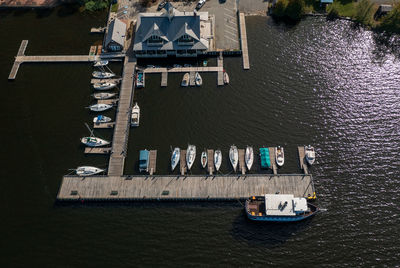 High angle view of boats in sea